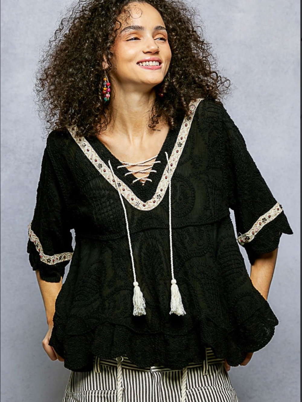 POL Black Peasant Tank Top with Cream Trim and Tassels